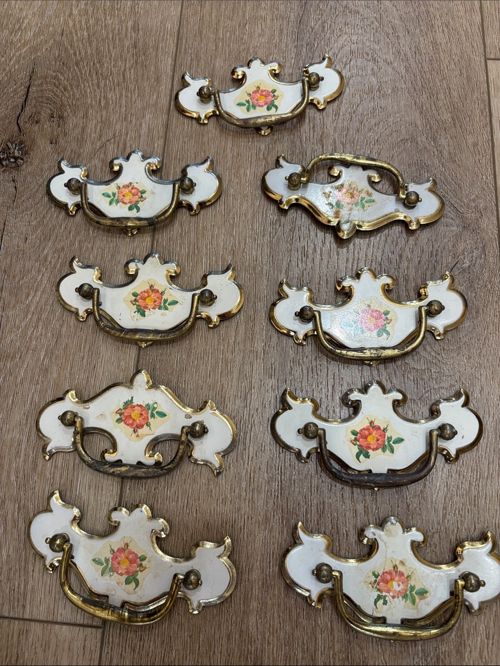 Vintage Floral White and Gold Drawer Pulls - Set of 9